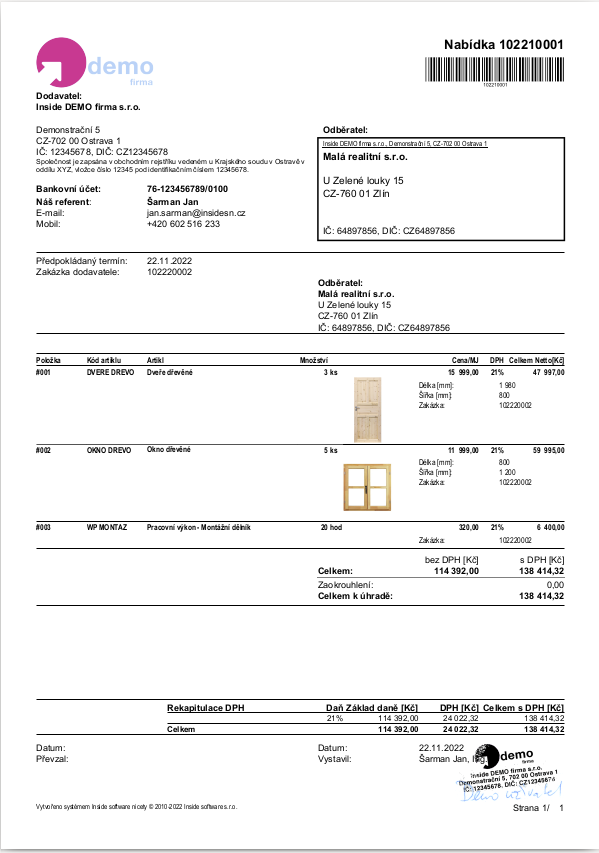 Tisková sestava nabídky s produktovými obrázky ve formátu PDF